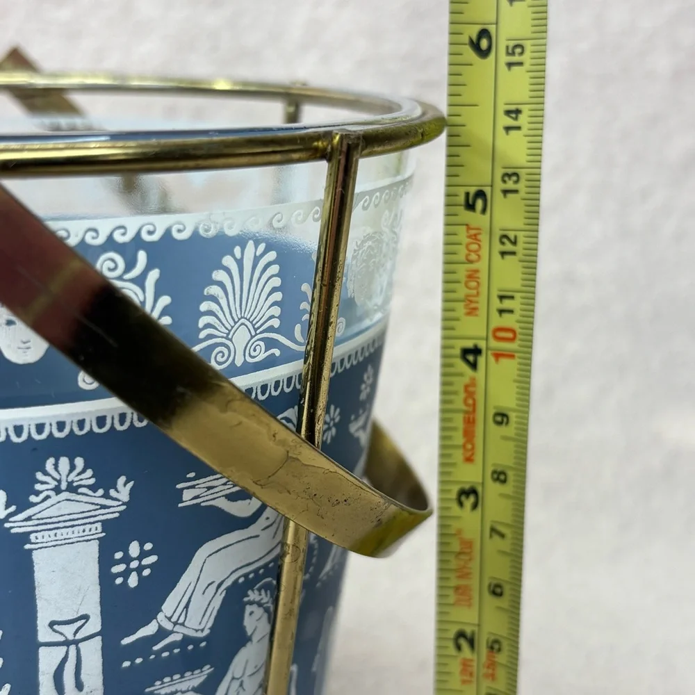 Vintage Jeanette Blue and White Wedgwood-Style Glass Ice Bucket with Brass Frame